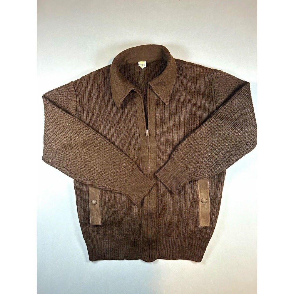 Rare Ruffo Vintage Wool Zip Cardigan Mens 44 M Brown Italian Knit Leather Pocket